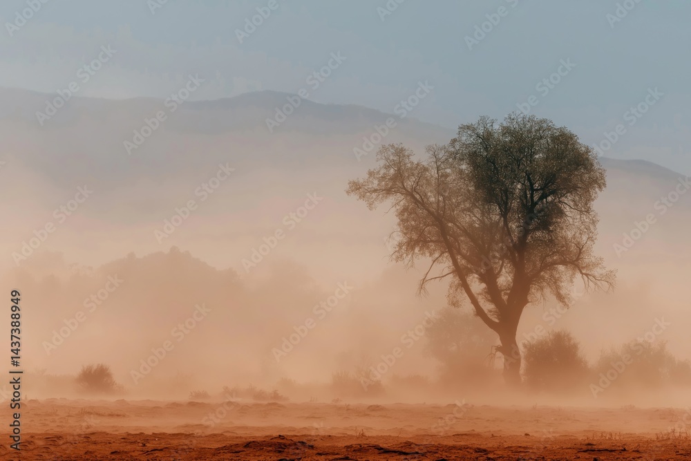 Fototapeta premium A dramatic scene of a lone dry tree standing amidst a swirling dusty desert storm, fine red dust filling the air and partially obscuring the background, faint silhouettes of distant hills 