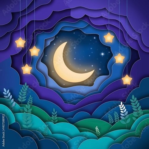 A dreamy, magical night scene with a crescent moon, stars, rolling hills, and tiny plants, crafted in a soft, paper-cut art style.