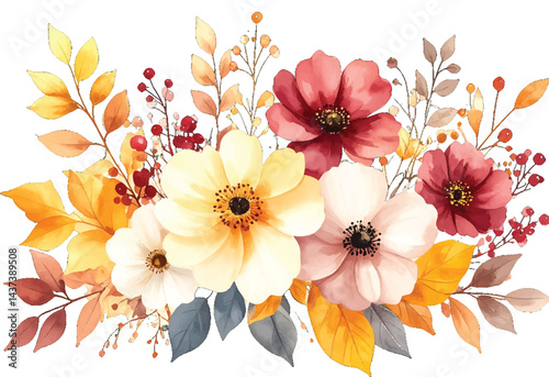 A bright and colorful watercolor illustration of flowers in warm autumn tones, ideal for seasonal decor. Elegant fall flower bouquet painted in soft watercolor, with pink, white, and red blossoms mix
