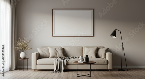Living Room Interior with Beige Sofa and Blank Frame Mockup