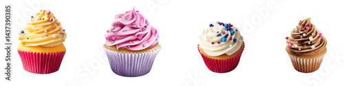 Set of A Cupcake with Swirl Icing and Small Decorative Toppings, on white or transparent background