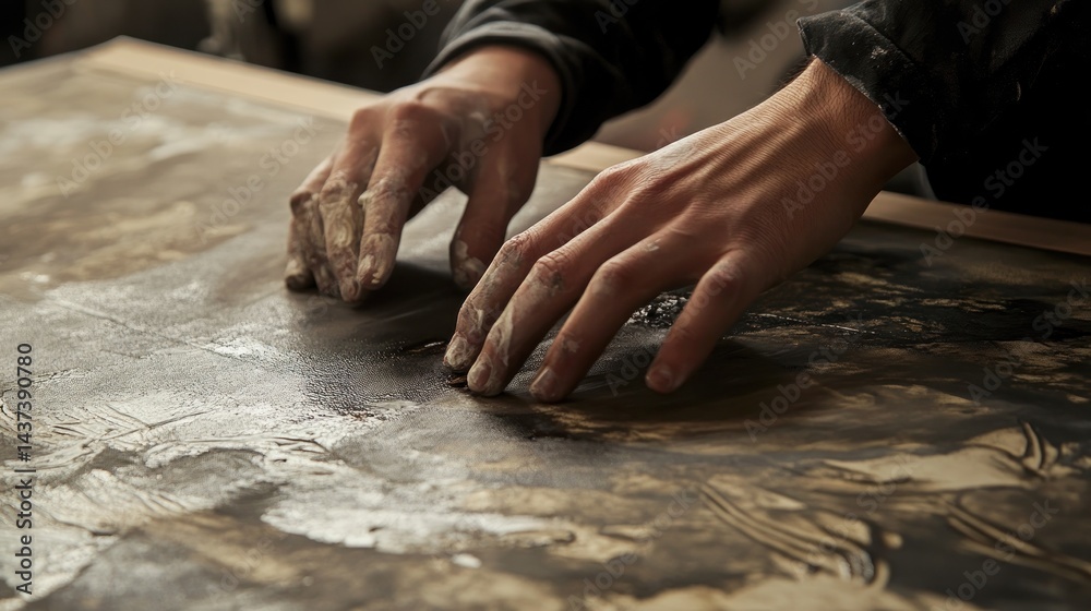 Hands work textures into painted canvas surface Hands work textures into painted canvas surface