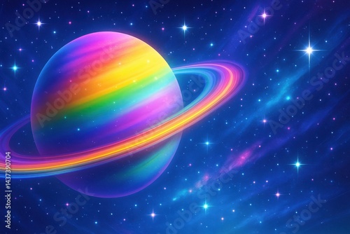 宇宙に浮かぶ七色の土星と背景