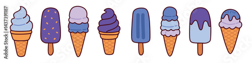 Collection of different frozen treats including soft serve cones and popsicles in vibrant pastel colors for summer snacking