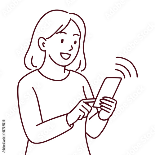Black and white line illustration of woman smiling and using mobile phone. Outline of modern technology use by female character
