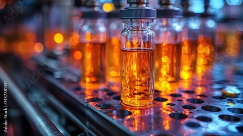 Close-up view of glass vials filled with vibrant orange liquid on a production line in a factory