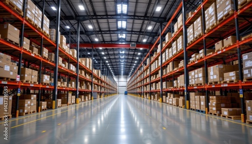 Wallpaper Mural Bright interior of a massive distribution warehouse with high shelves, LED lighting, and automated future ready production lines. Torontodigital.ca