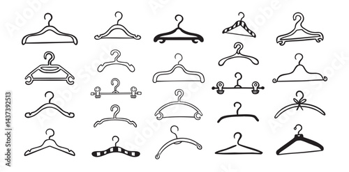 Hand drawn doodle clothes hangers set. Vector fashion hanger icon collection.