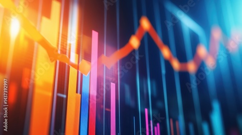 Vibrant financial graph displaying fluctuating market trends with colorful bars and lines