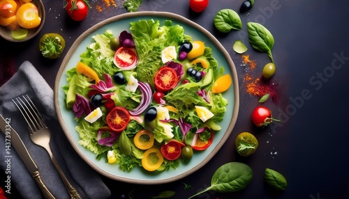 Healthy green salad with fresh vegetables, perfect for clean eating, vegan recipes, fitness diets, and nutritious lifestyle promotions.