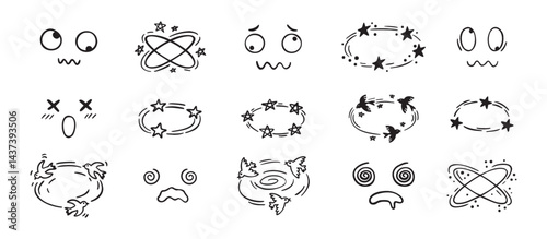 Dizzy effect drawing hand drawn doodle cartoon set. dizzy faces, birds and stars overhead emotions drawing.