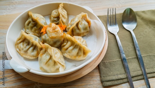 Freshly steamed momos served with spicy chutney. A popular Asian street food and delicious dumpling snack from Tibetan, Nepali, and Indian cuisines.