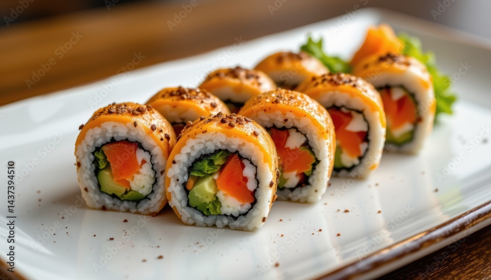 Fresh sushi rolls neatly arranged on a ceramic plate, artistic traditional Japanese cuisine photography. Fresh sushi rolls neatly arranged on a ceramic plate, artistic traditional Japanese cuisine photography.