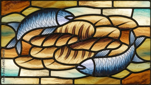Stained glass illustration depicting the biblical miracle of the loaves and fishes. Stylized representations of two fish and five loaves of bread arranged artfully. Bold black outlines