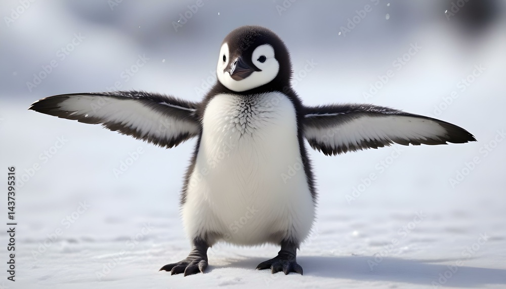 Fototapeta premium A charming penguin chick spreads its wings wide, posing on a snowy backdrop with a playful expression.