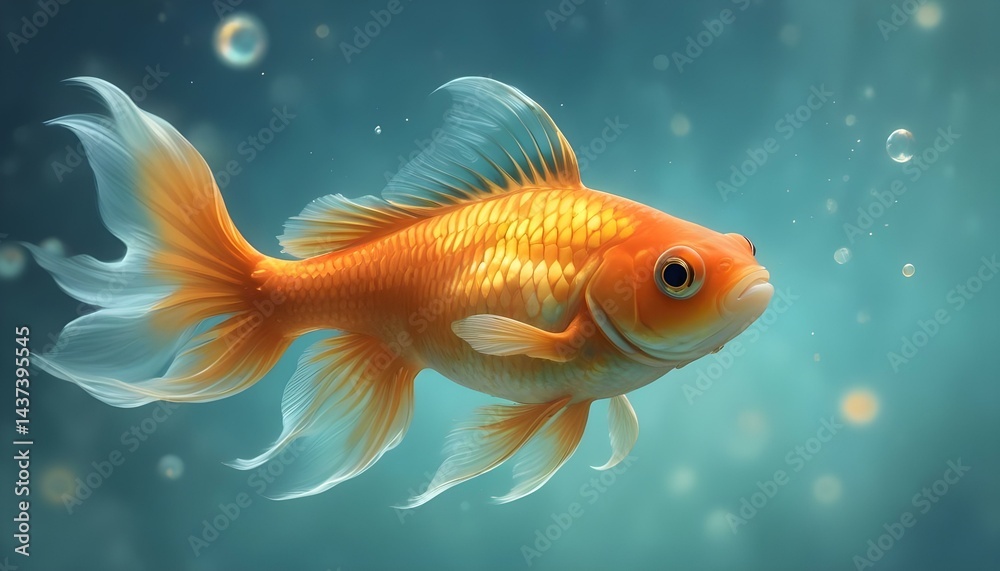Fototapeta premium A radiant goldfish glides through the cool, clear water, a sight of graceful aquatic beauty.