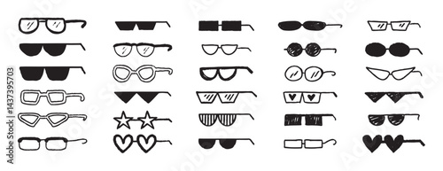 Thug glasses. Cool glasses graffiti grunge black sunglasses set, brush scribble hand drawn doodle elements