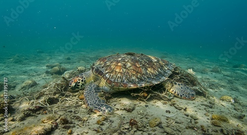 Sea turtle entangled in plastic ocean pollution underwater marine life conservation awareness campaign