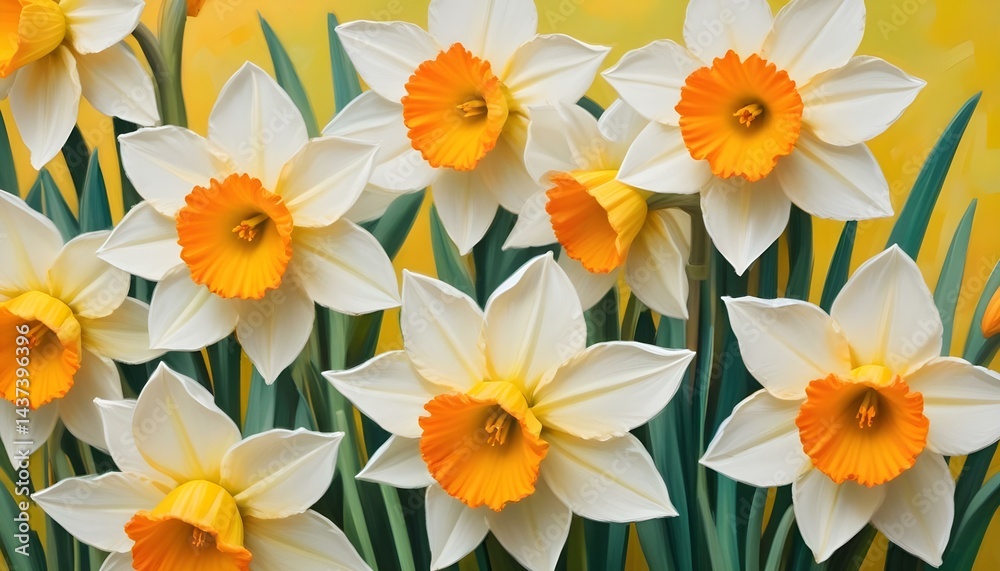 Fototapeta premium A captivating display of white and orange daffodils in full bloom during spring.