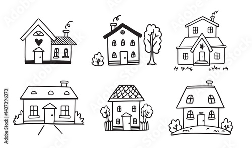 Hand drawn doodle house vector set. Cute outline houses black and white line illustration