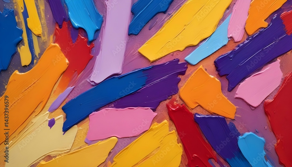 Fototapeta premium Colorful abstract painting showcasing bold brushstrokes in various vibrant colors, creating a dynamic artwork.