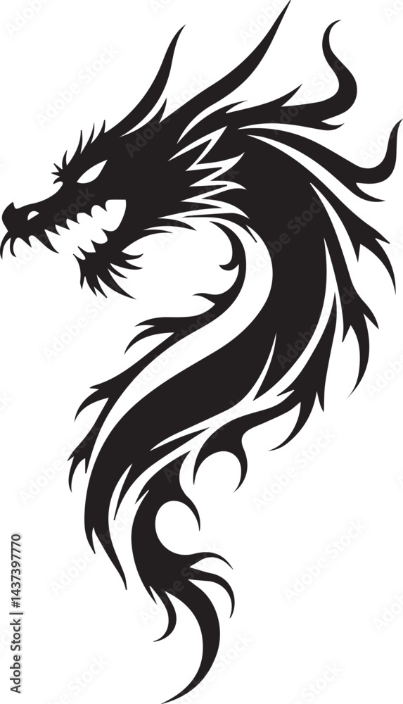 Dragon tattoo design, vector illustration, Dragon logo, black and white illustration of a stylized dragon, transparency background. Dragon tattoo design, vector illustration, Dragon logo, black and white illustration of a stylized dragon, transparency background.