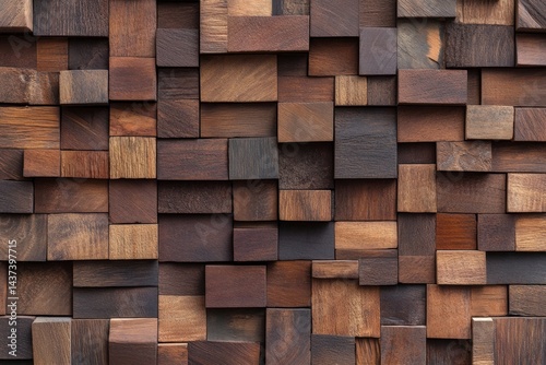 Fototapeta Naklejka Na Ścianę i Meble -  Wooden cube wall pattern.  A multitude of varying shades of brown wooden cubes create a textured wall.  The cubes are arranged in a random pattern