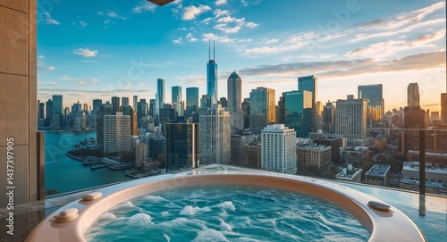 Private jacuzzi overlooking the city skyline in a luxury hotel suite background