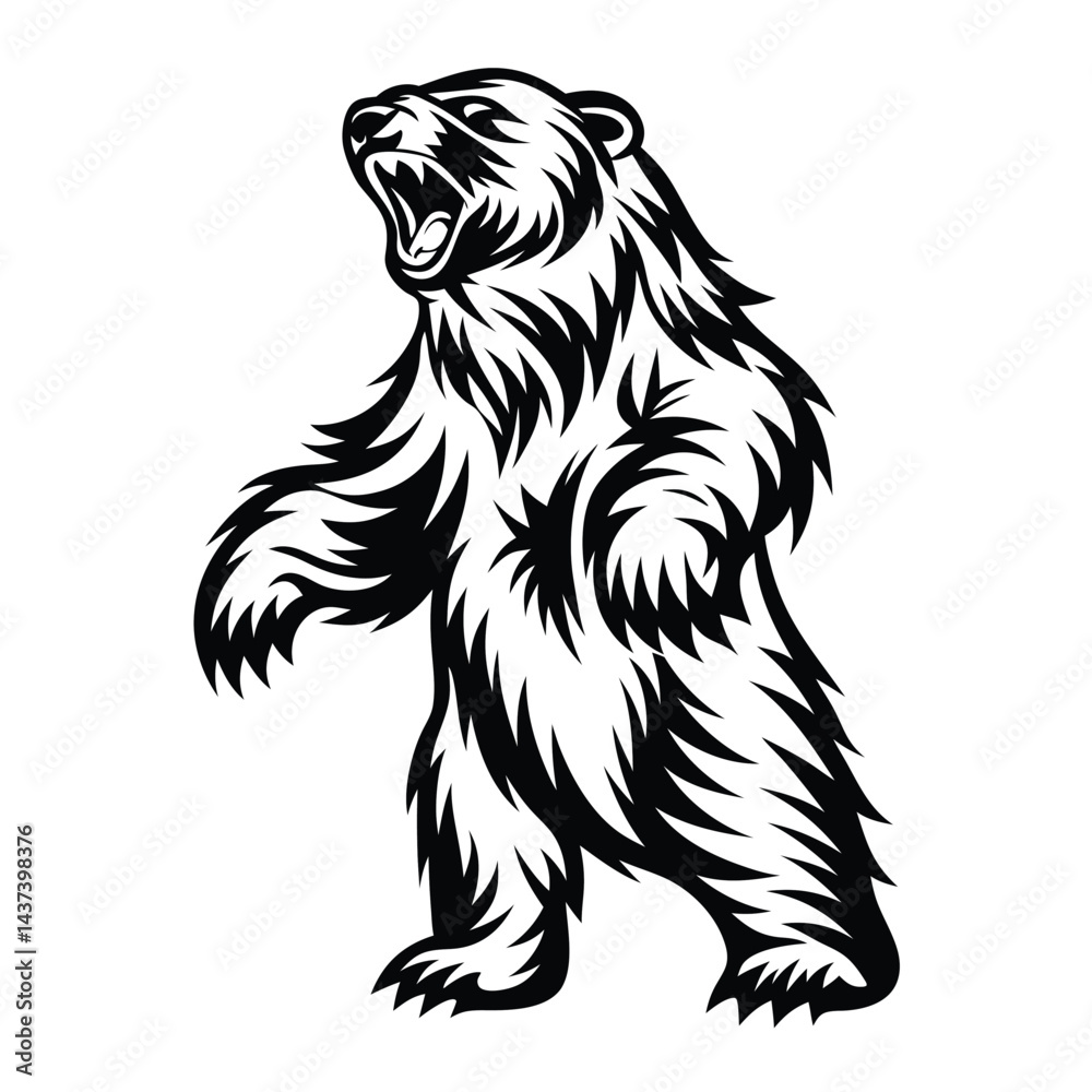 Obraz premium Roaring Grizzly Bear Silhouette Illustration, Aggressive Stance, Standing Isolated on White