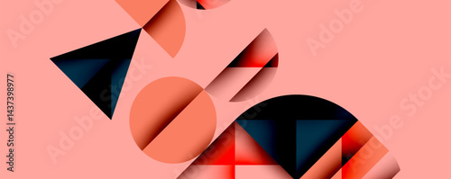 Abstract geometric shapes overlap, creating dynamic composition. Pink background enhances contrast, modern aesthetic.