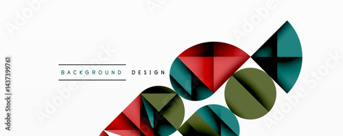 Abstract geometric shapes form dynamic composition. Red, teal, olive hues dominate minimalist design. Clean lines, modern aesthetic.
