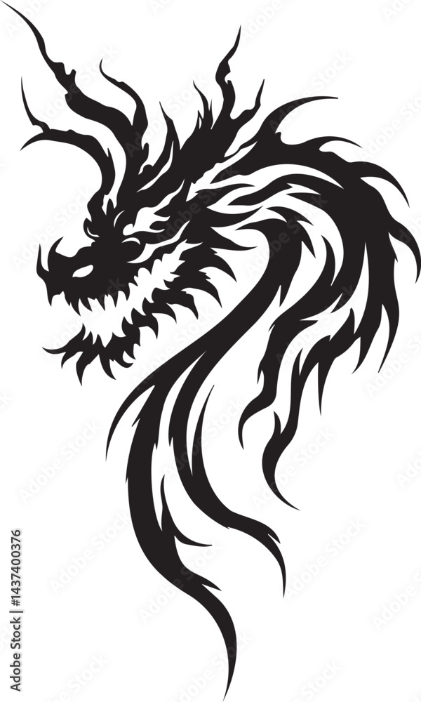 Fototapeta premium Dragon tattoo design, vector illustration, Dragon logo, black and white illustration of a stylized dragon, transparency background.