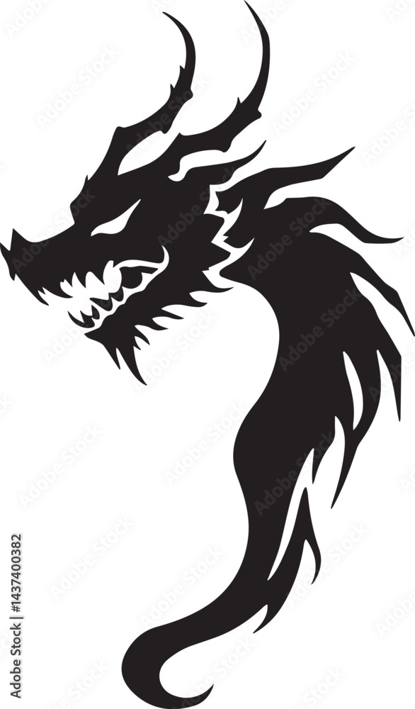 Naklejka premium Dragon tattoo design, vector illustration, Dragon logo, black and white illustration of a stylized dragon, transparency background.