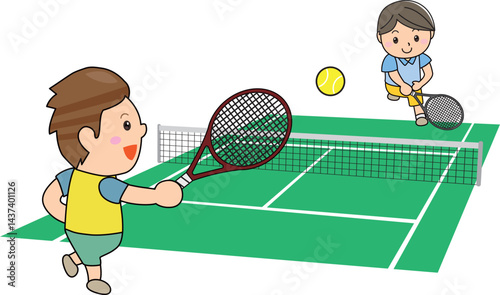 テニスコートでプレイする若者たちのイラスト　Young Players Enjoying Tennis on a Green Court - Sports Illustration