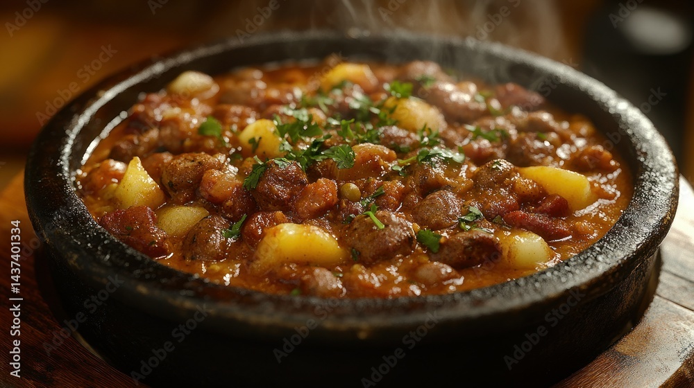 Hearty stew with meat, beans, and potatoes. Fragrant and flavorful Hearty stew with meat, beans, and potatoes. Fragrant and flavorful