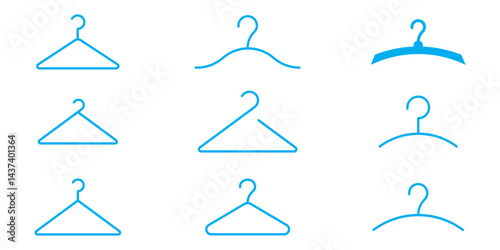 Vector Design Clothes Hanger Icon Style. Blue towel hanger vector icon set. Cloth hanger blue icon set, Hanger for cloakroom or closet. Blue Hang for coat, shirt or suit, towel. Hook sale logo. 