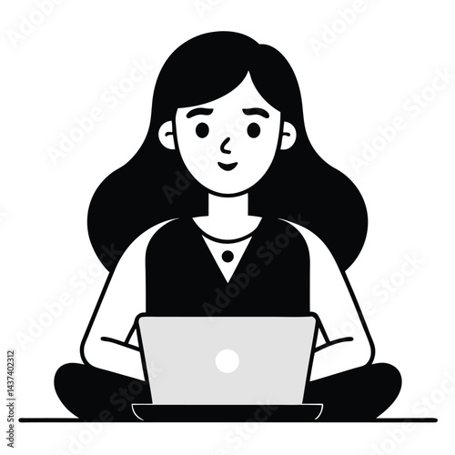Minimalist Smiling Blackhaired Woman with Laptop in Lotus Position