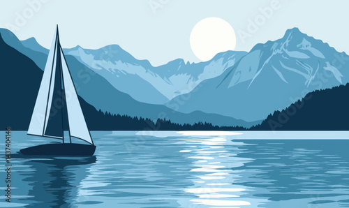 Sailboat on Lake Geneva Against Swiss Alps in Flat Minimalist SVG Style