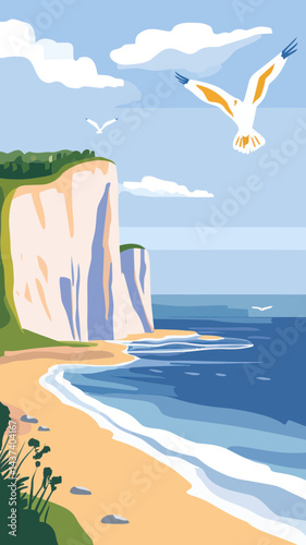 Vintage French Tourism Poster of Dieppe Coastline in Normandy, Minimalist Retro Vector Art