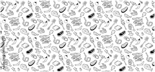 bbq steak beef doodle seamless pattern background food barbeque party
