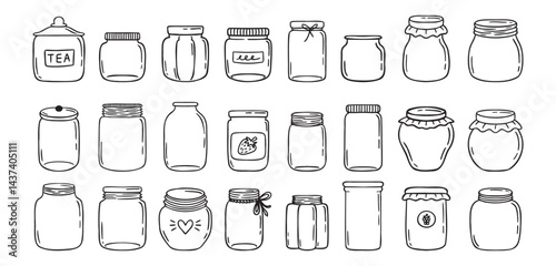 Jars hand drawn doodle isolated on white background. Jar empty, template outline drawing elements collection.