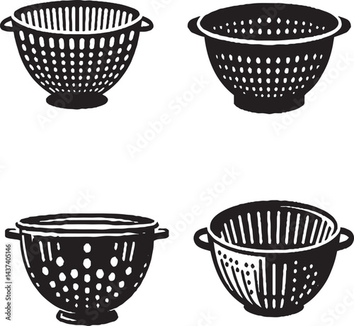 Collection of Black and White Stylized Colander Illustrations"