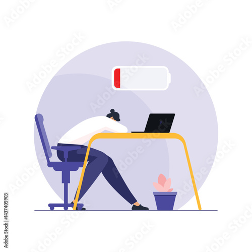 Young female exhausted sleeping at the workspace in the office with low battery indicator