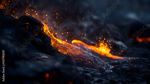 A river of bright orange lava flowing over black volcanic rock with fiery sparks.
