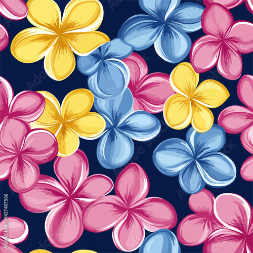 Colorful Plumeria Pattern a seamless pattern featuring vibrant, eye-catching plumeria blossoms in a kaleidoscope of colors, offering a refreshing and elegant visual design.