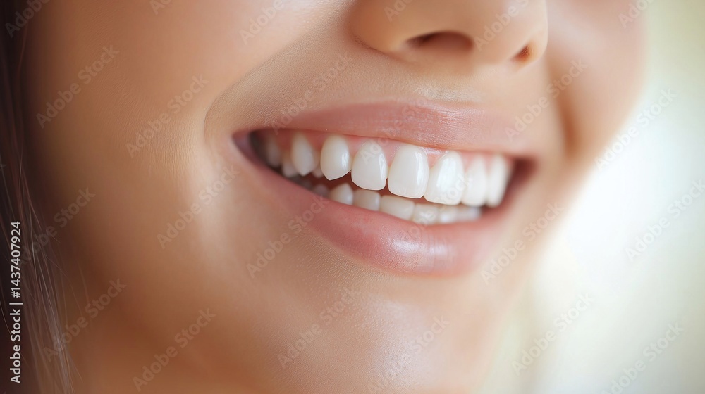 Fototapeta premium Close-up of a beautiful smiling woman displaying perfect white teeth, embodying the essence of good oral hygiene and promoting overall dental health and wellness