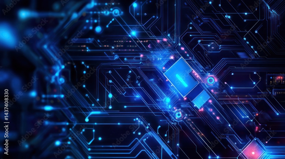 Obraz premium Abstract circuit board design with glowing blue and pink lines. Complex network of interconnected pathways