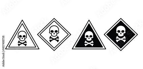 Poison Warning Icons Black and White Skull and Crossbones in Triangular and Diamond Shapes Vector Design Illustration