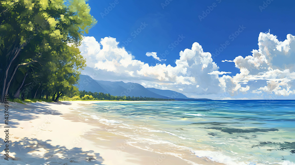 Tranquil beach scene with clear waters and white sand under a sunny sky Tranquil beach scene with clear waters and white sand under a sunny sky