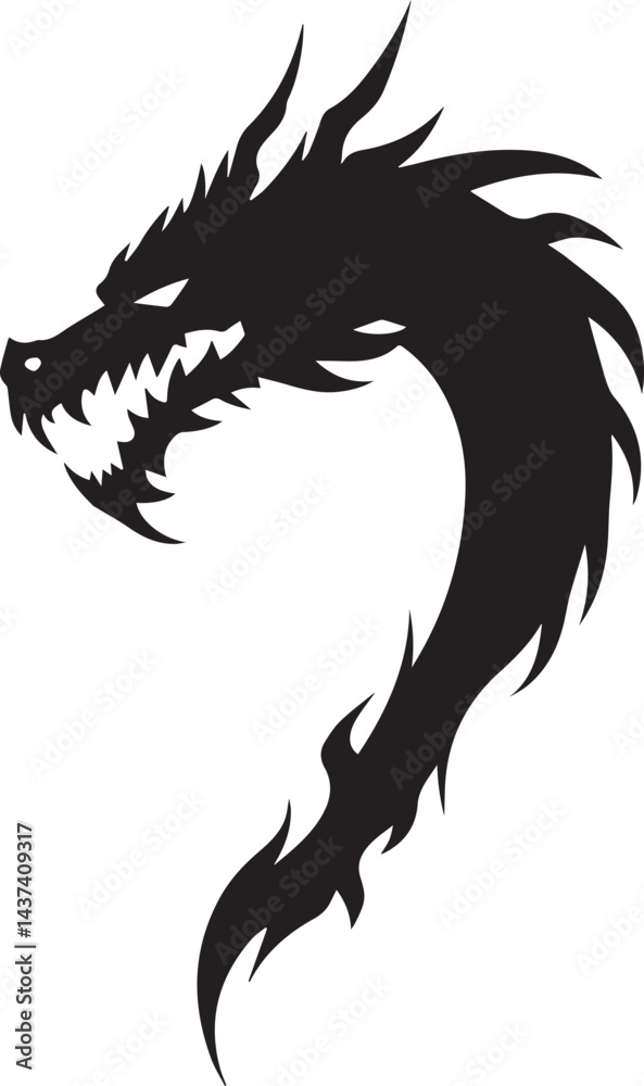 Naklejka premium Dragon tattoo design, vector illustration, Dragon logo, black and white illustration of a stylized dragon, transparency background.